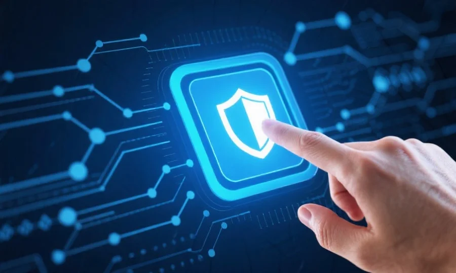 抽象的数字网络背景中，一只手正在点击带有安全盾牌图标的虚拟按钮，寓意用户参与安全保护