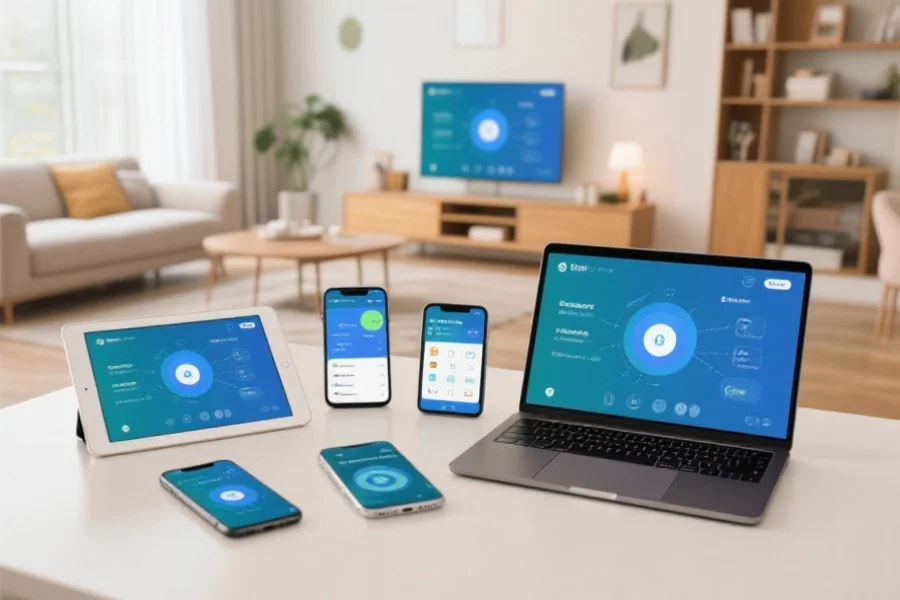 现代家庭环境中，多种智能设备（手机、平板、笔记本电脑）同步显示同一个娱乐平台界面，展现无缝连接的便利