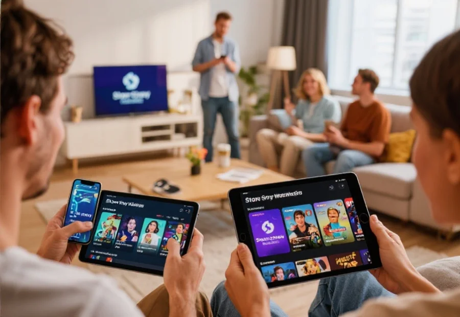 现代家庭场景中，几位朋友分别用智能手机和平板电脑访问风暴娱乐网页版和App，展现多样化娱乐体验