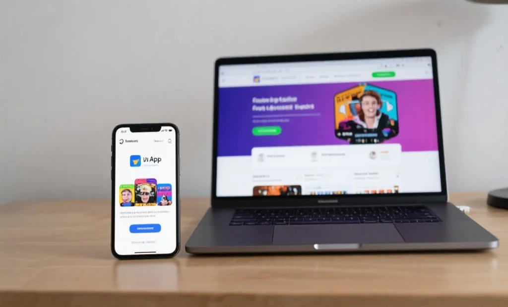 一台笔记本电脑和一部智能手机并排放置在桌面上，屏幕上分别显示娱乐App和网页版界面，对比鲜明
